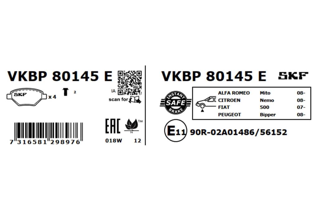 Jeu de 4 plaquettes de frein SKF ref. VKBP 80145 E